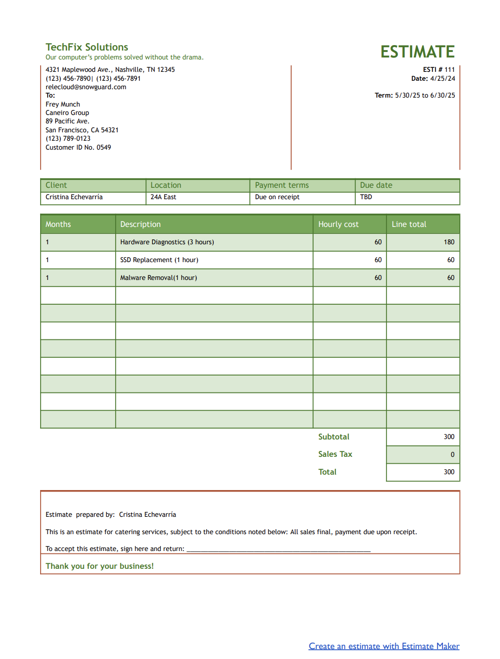 free computer repair estimate template