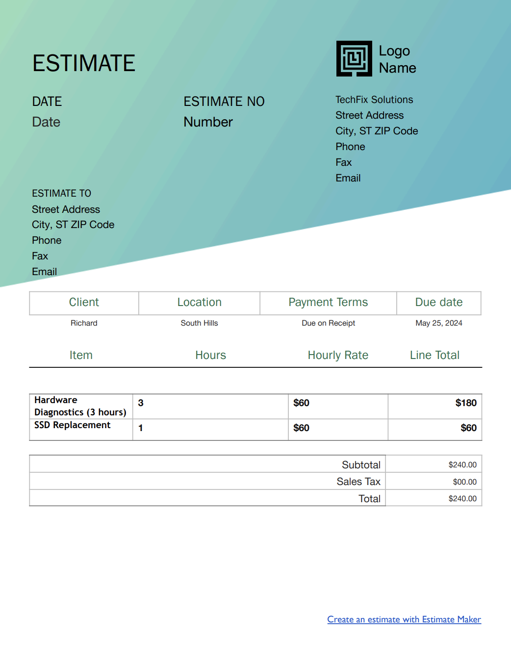 Free computer repair estimate template