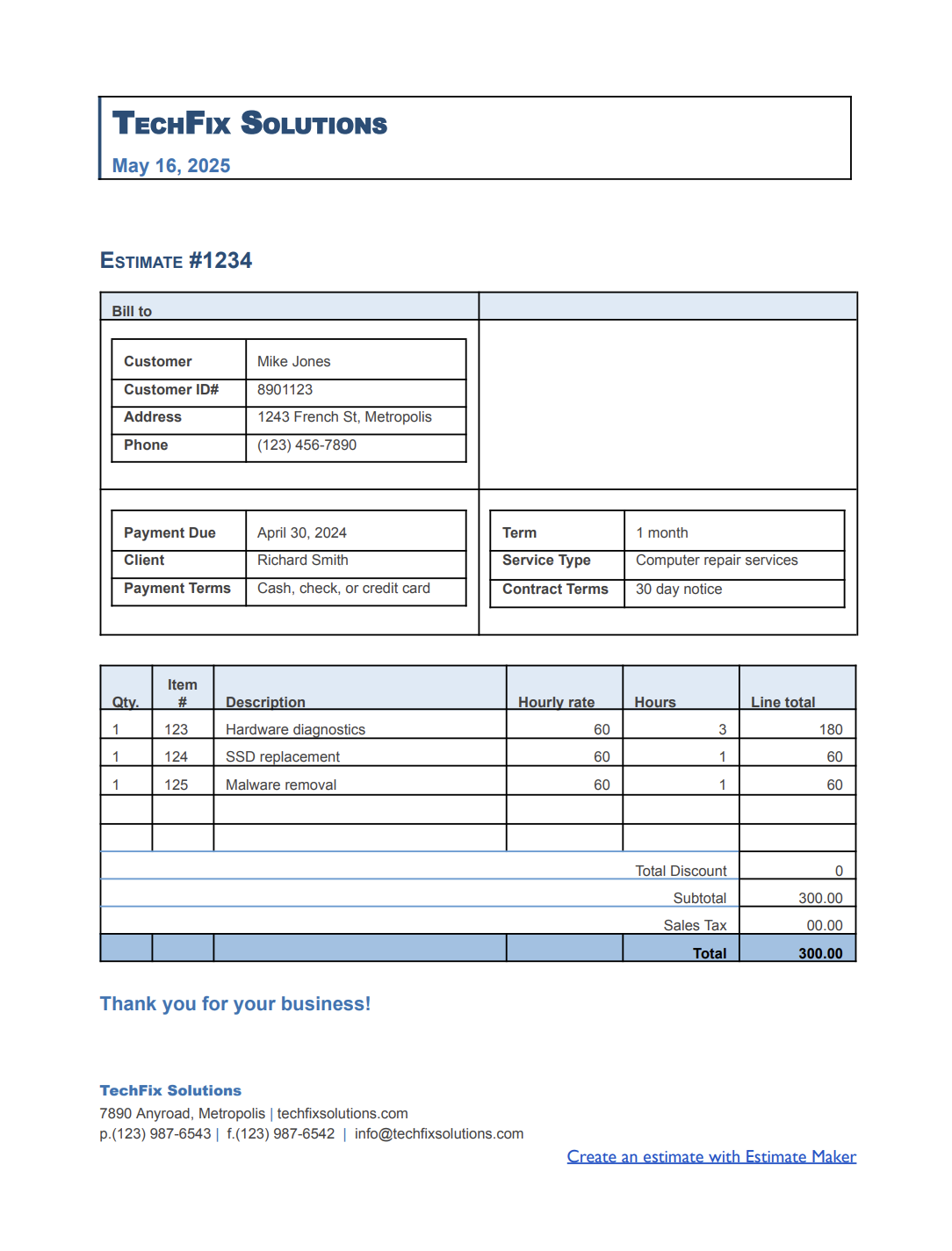Free computer repair estimate template