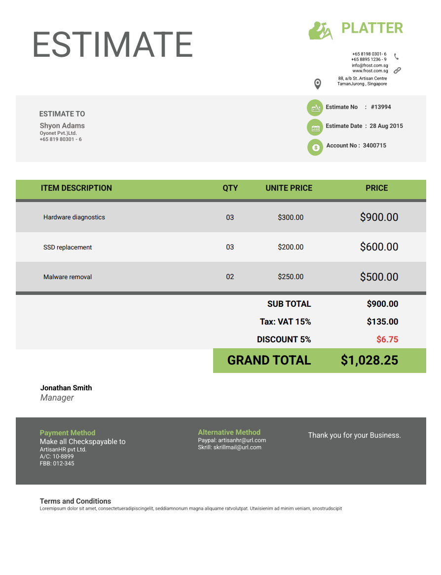 Free computer repair estimate template