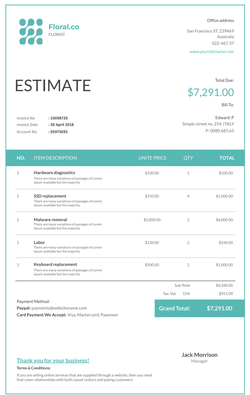 Free computer repair estimate template