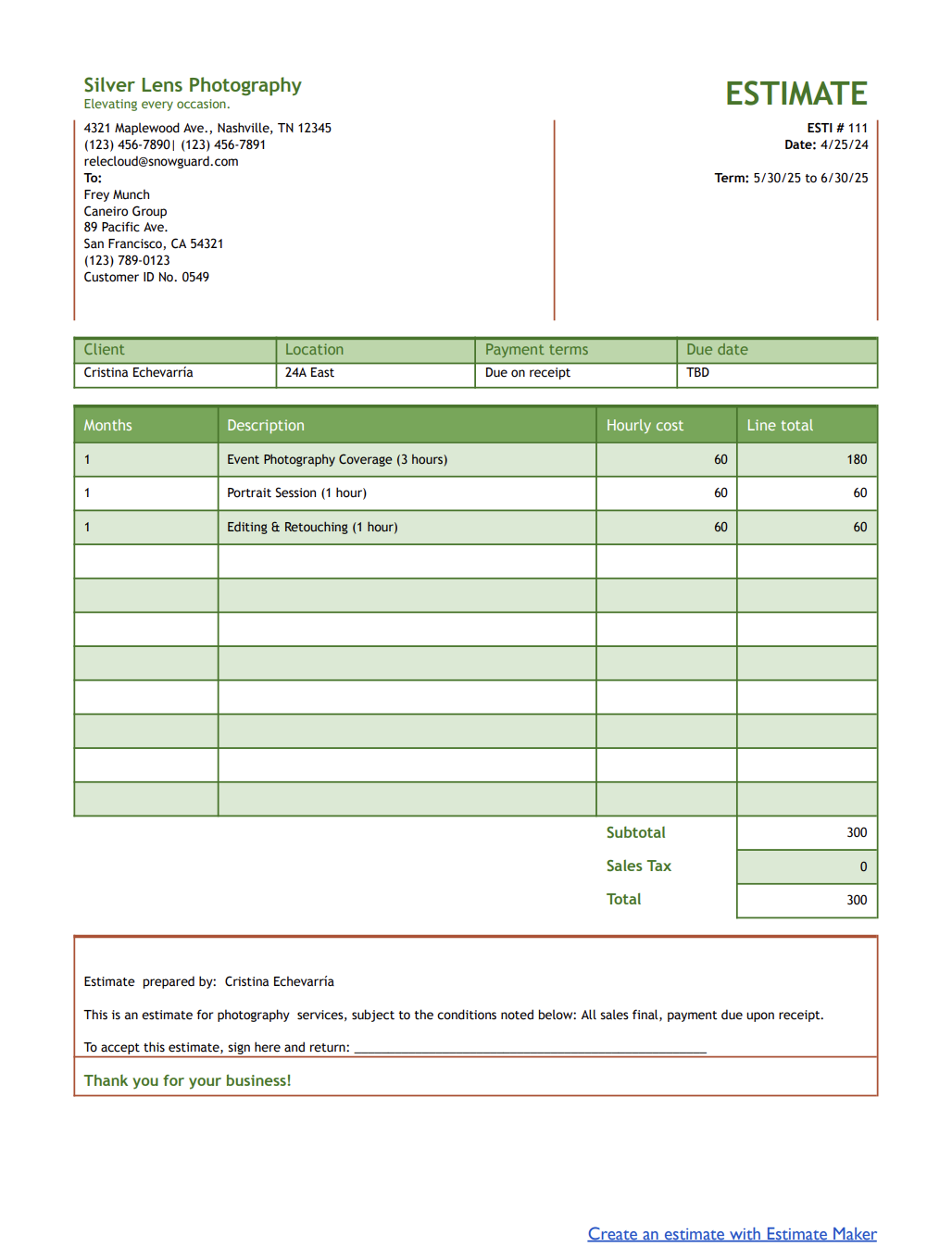 free photography estimate template