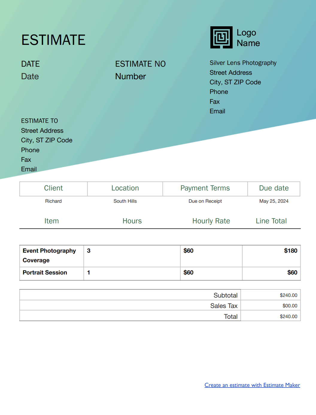Free photography estimate template