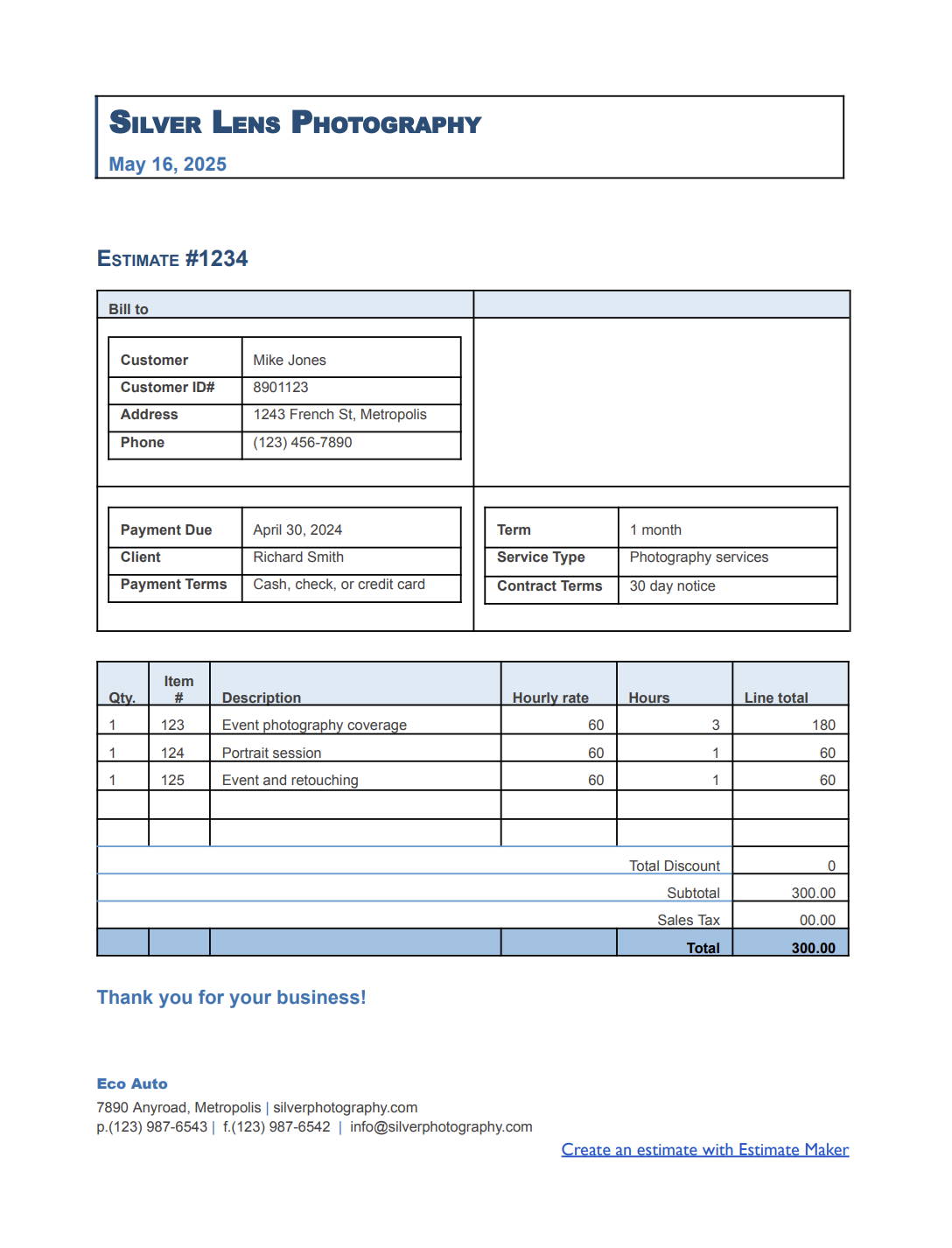 Free catering estimate template