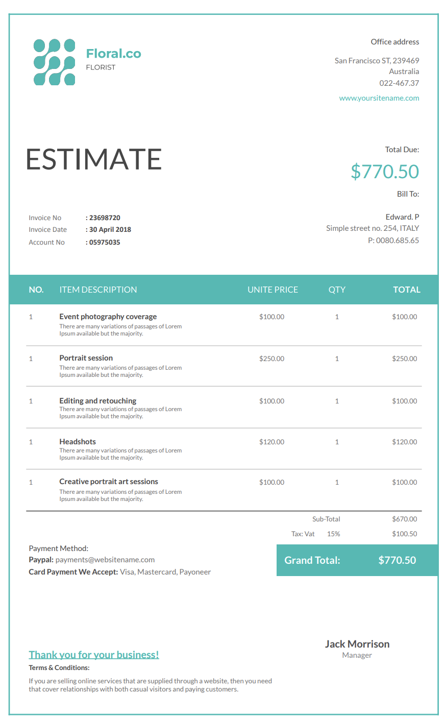 Free catering estimate template