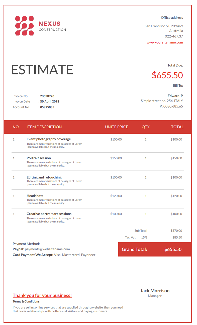 Free catering estimate template