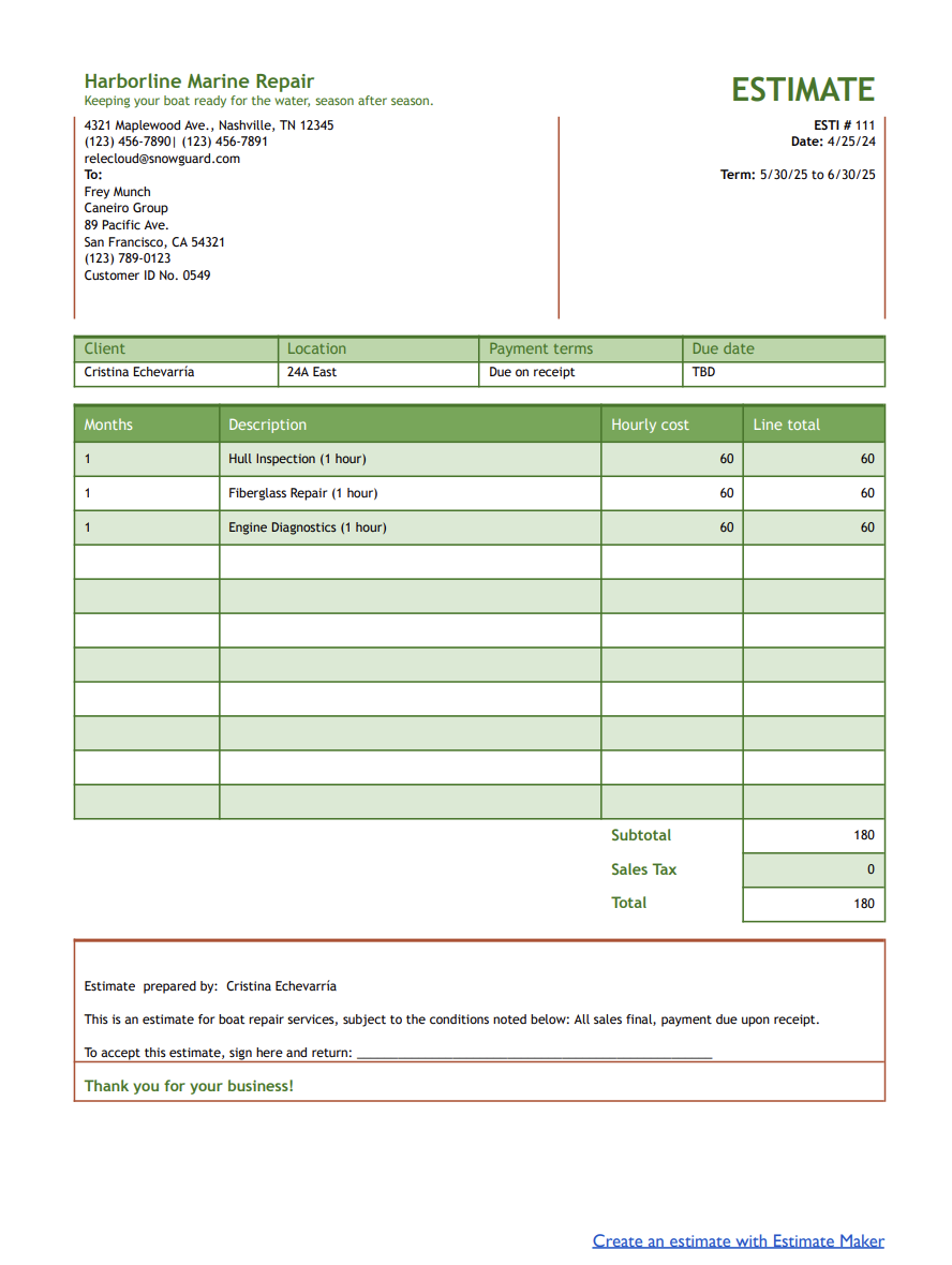 free boat repair estimate template
