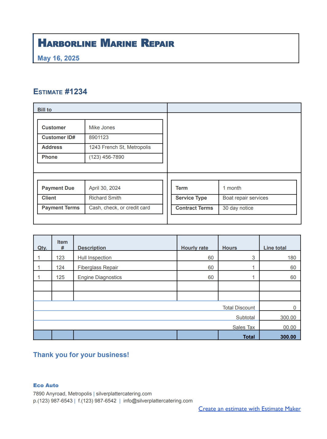 Free boat repair estimate template