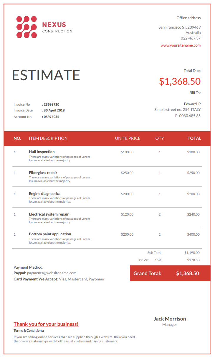 Free boat repair estimate template