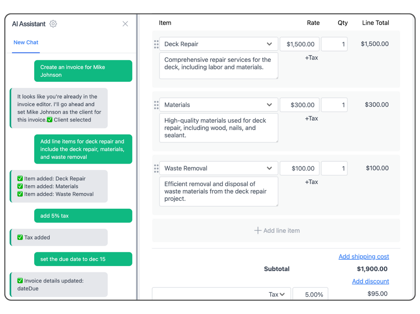Invoicer.ai AI invoice editor chat