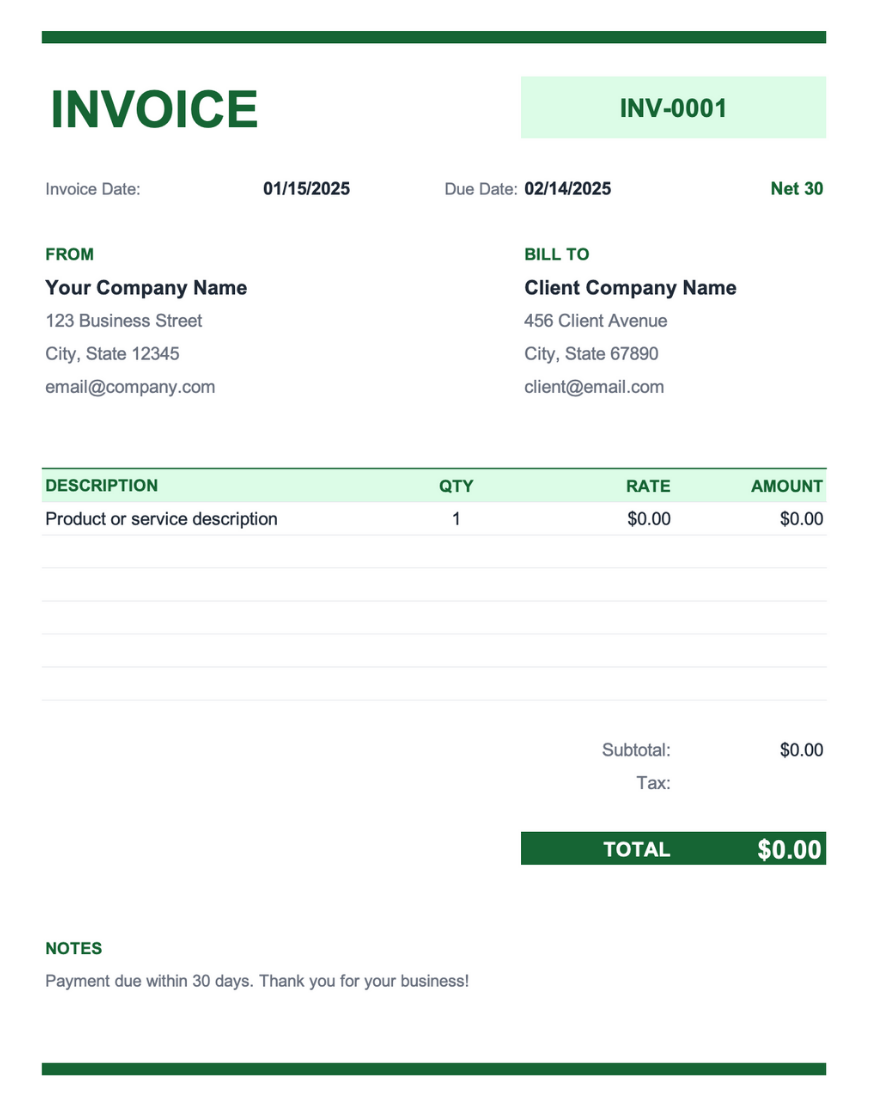 Invoice template preview with a bold green "INVOICE" header and green invoice number badge. Shows invoice date, highlighted due date, and Net 30 terms in a top row. Sender and client details displayed side by side, followed by a line item table with green header row containing description, quantity, rate, and amount columns. Includes subtotal, tax, and green total banner showing $0.00, with a notes section for payment terms at the bottom.