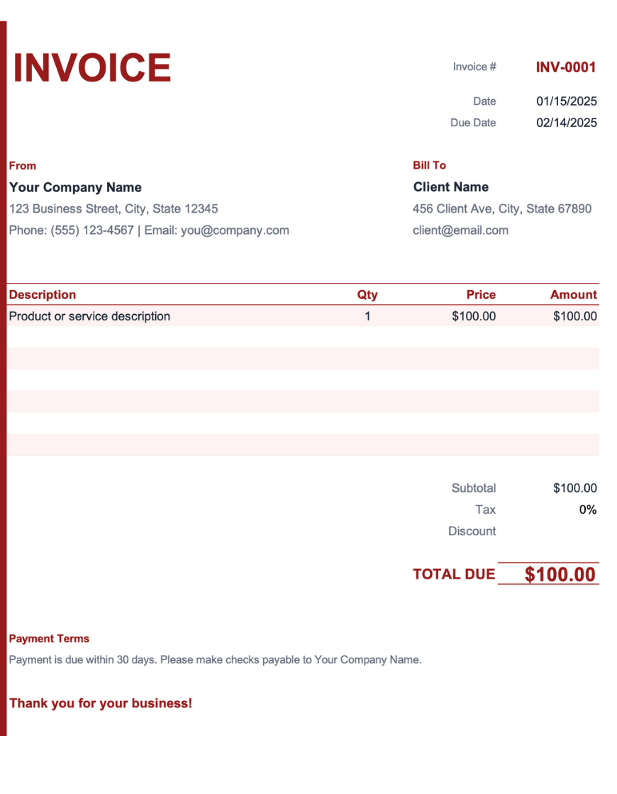 Invoice template preview with a red "INVOICE" header and red-accented invoice number, date, and due date fields in the top right. Displays sender and client information in two columns, followed by a line item table with red header row containing description, quantity, price, and amount columns. Shows subtotal, tax, discount fields, and a red total due banner of $100.00, with a payment terms section and thank-you message at the bottom.