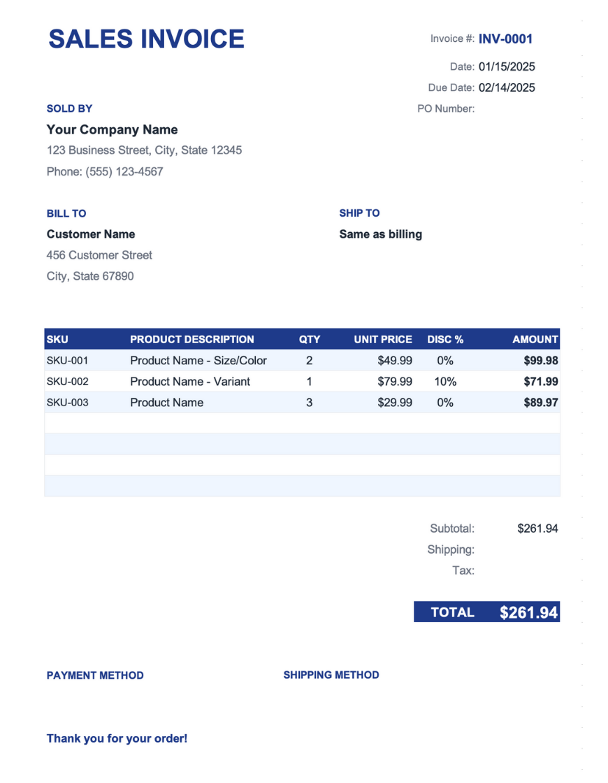 Invoice template preview with a blue "SALES INVOICE" header and invoice number badge. Shows Sold By company details, Bill To and Ship To sections side by side, and a product table with columns for SKU, product description, quantity, unit price, discount percentage, and amount. Includes subtotal, shipping, and tax fields, total of $261.94, and payment method and shipping method sections at the bottom.