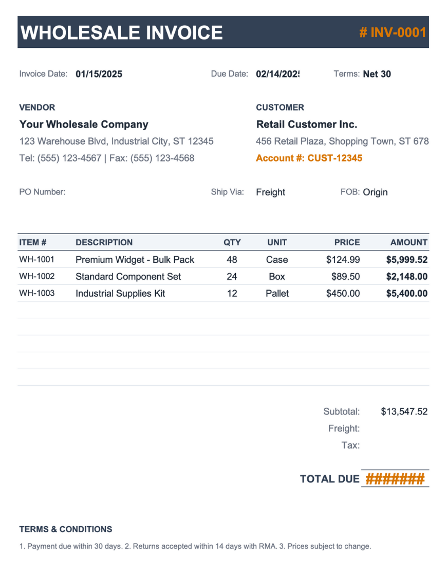 Invoice template preview with a slate "WHOLESALE INVOICE" header and amber invoice number badge. Displays vendor and customer information with account number, PO number, Ship Via, and FOB origin fields. Line item table includes item number, description, quantity, unit type, price, and amount columns. Shows subtotal, freight charges, and total due, with a terms and conditions section at the bottom.