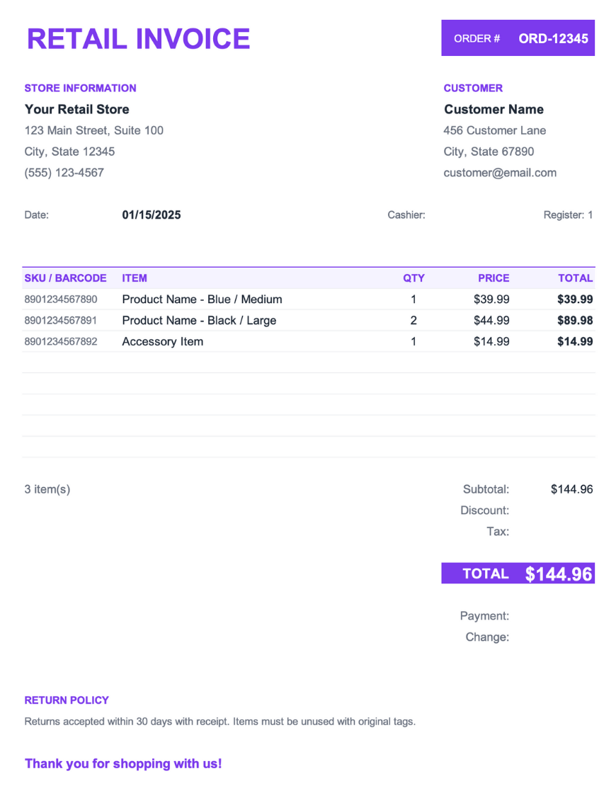 Invoice template preview with a purple "RETAIL INVOICE" header and order number badge. Shows store information and customer details, invoice date, and a line item table with SKU/barcode, item name, quantity, price, and total columns. Displays item count, subtotal, discount, tax, and total of $144.96, with payment received and change fields, and a return policy section at the bottom.