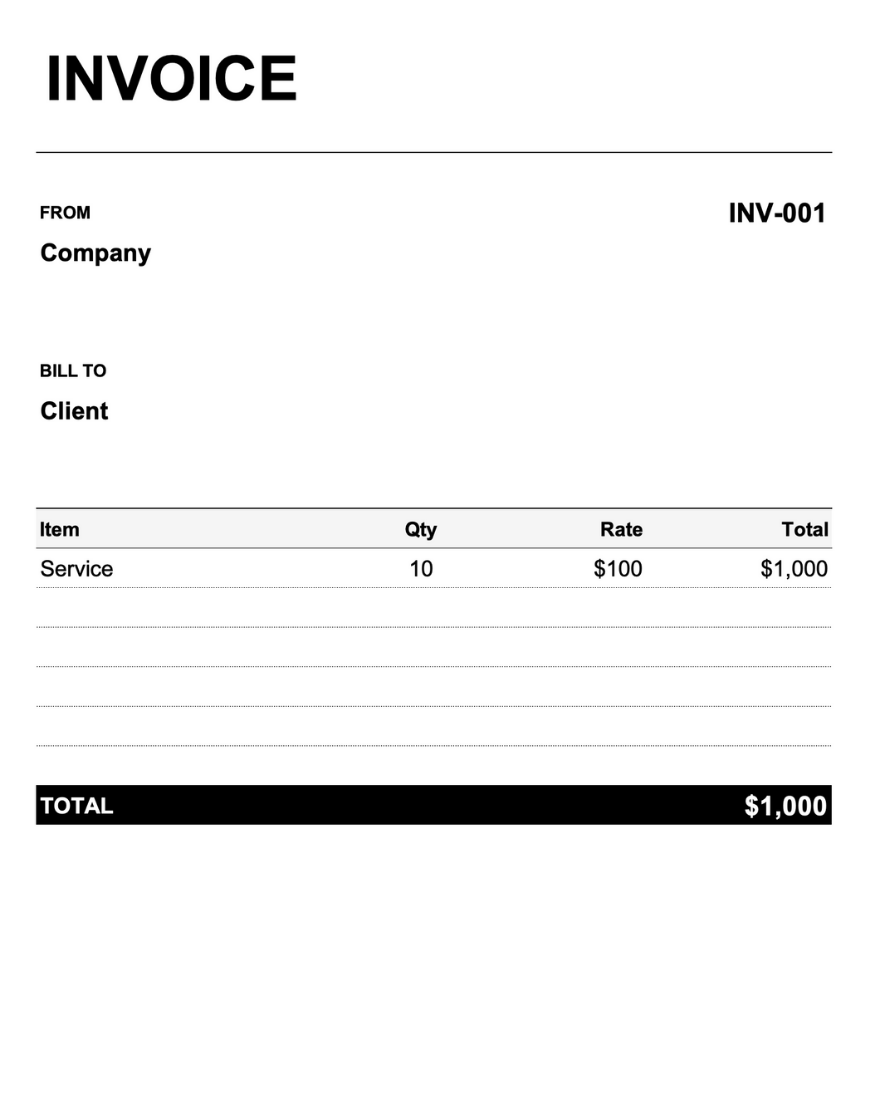 Invoice template preview with a minimalist black and white design. Shows "INVOICE" header in bold black text with invoice number in top right. Simple From/Company and Bill To/Client sections, followed by a basic line item table with item, quantity, rate, and total columns. Features a bold black total banner at the bottom showing $1,000.