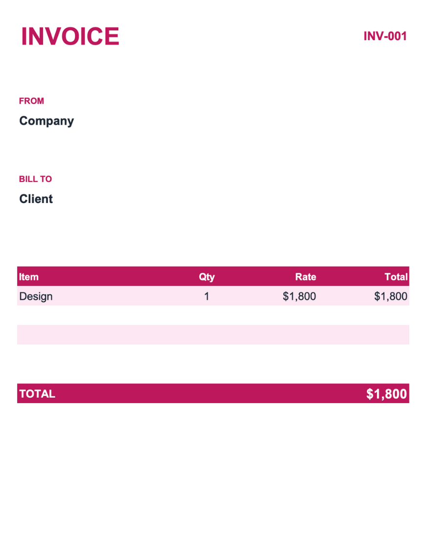 Invoice template preview with a green "INVOICE" header and gradient bar with invoice number badge. Displays From/Company and Bill To/Client sections, followed by a line item table with item, quantity, rate, and total columns showing a design service. Green total banner at bottom displays $1,800.