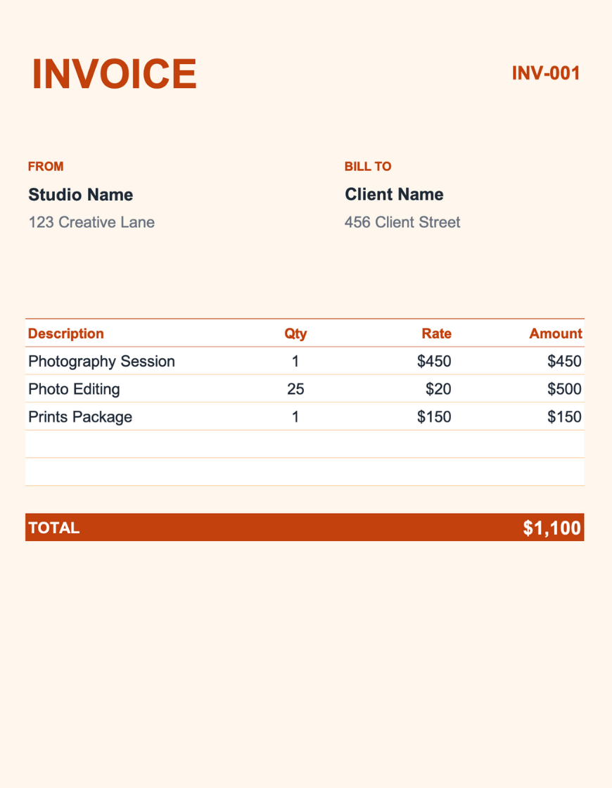 Invoice template preview with a warm coral/terracotta "INVOICE" header and invoice number badge. Shows From/Studio Name and Bill To/Client Name sections, followed by a line item table listing photography session, photo editing, and prints package with quantity, rate, and amount columns. Coral total banner at bottom displays $1,100.
