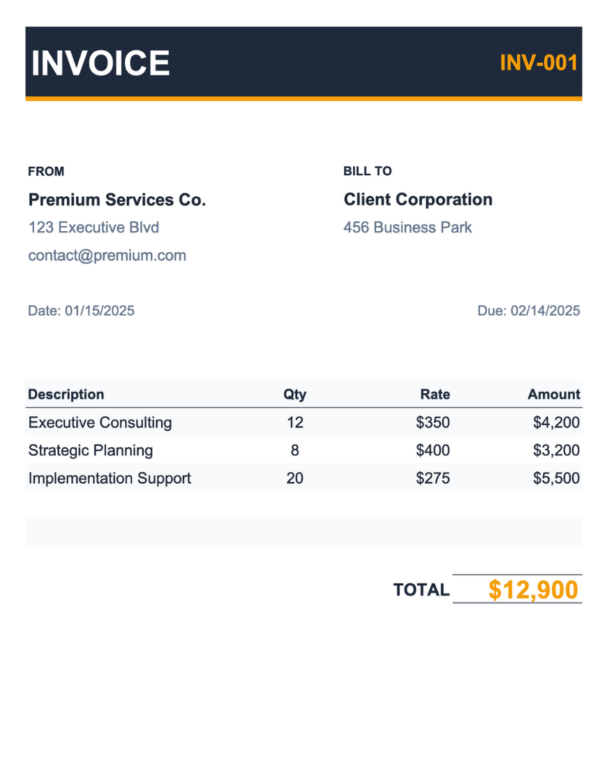 Invoice template preview with a navy blue "INVOICE" header and gold invoice number badge. Shows From/Premium Services Co. and Bill To/Client Corporation sections with date and due date fields. Line item table lists executive consulting, strategic planning, and implementation support with quantity, rate, and amount columns. Gold-accented total displays $12,900.