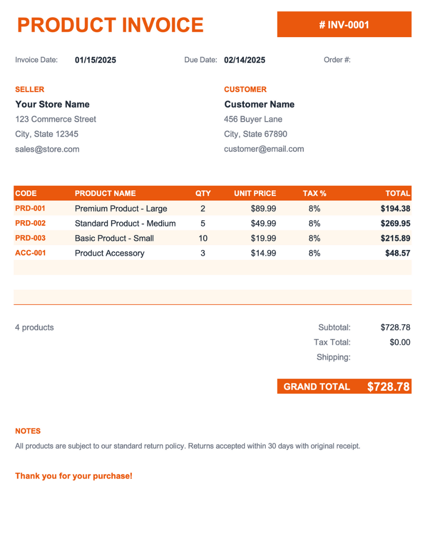 Product invoice template preview with a coral/orange header showing "PRODUCT INVOICE" label and orange invoice number badge. Displays invoice date, due date, and order number fields. Seller and Customer sections show store and buyer details with email addresses. Line item table includes code, product name, quantity, unit price, tax percentage, and total columns listing various products with individual tax calculations. Shows product count, subtotal, tax total, and shipping fields leading to an orange "GRAND TOTAL" banner showing $728.78. Notes section includes return policy and thank-you message.