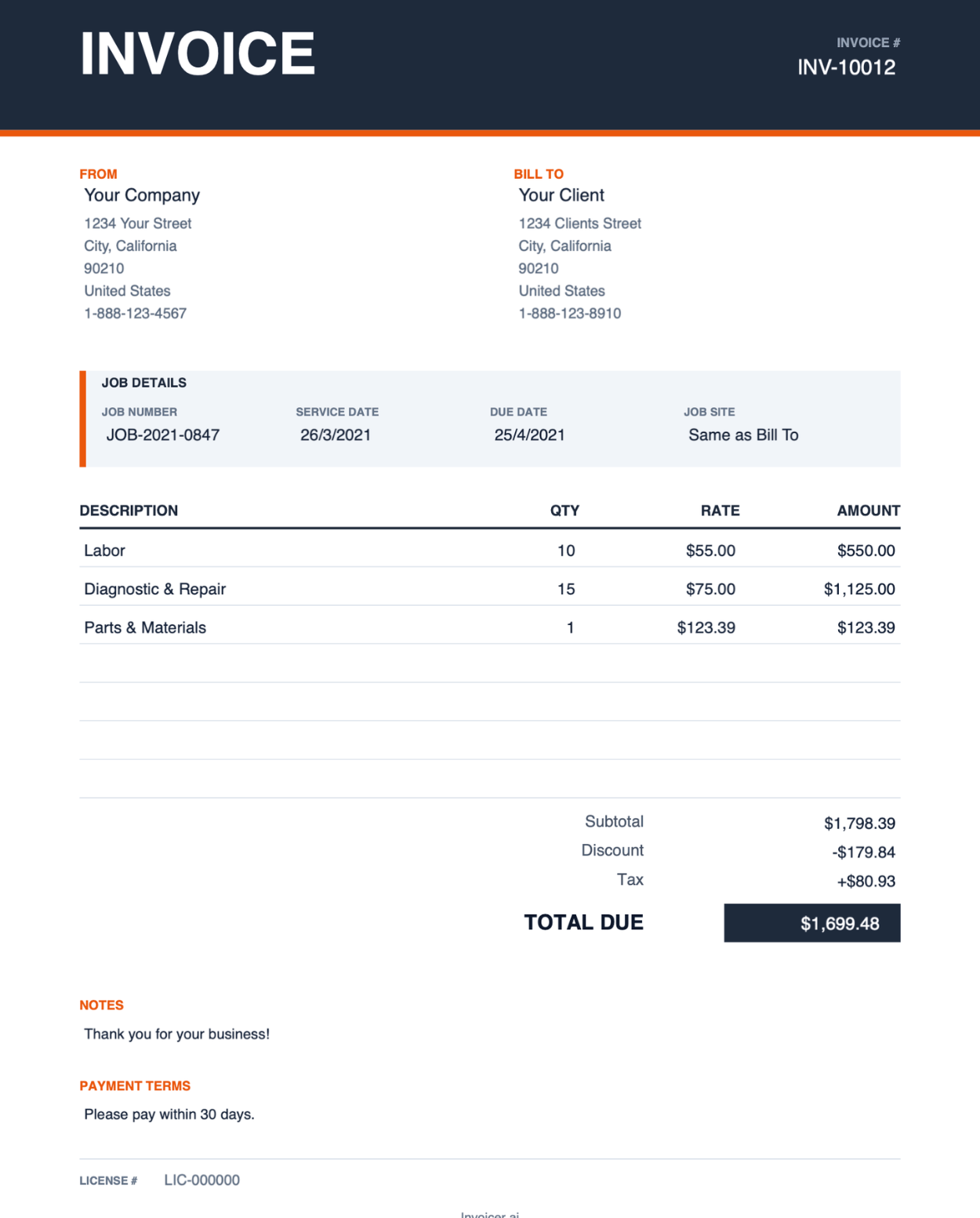 Contractor PDF invoice template thumbnail