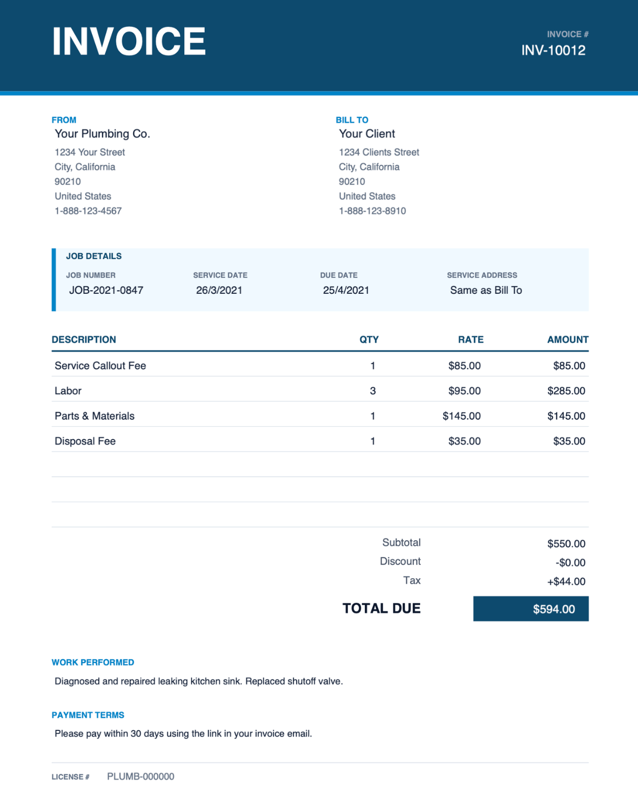 Plumbing PDF invoice template thumbnail