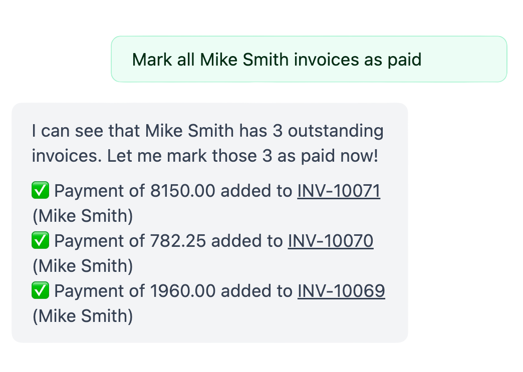 A screenshot showing the AI marking multiple invoices paid