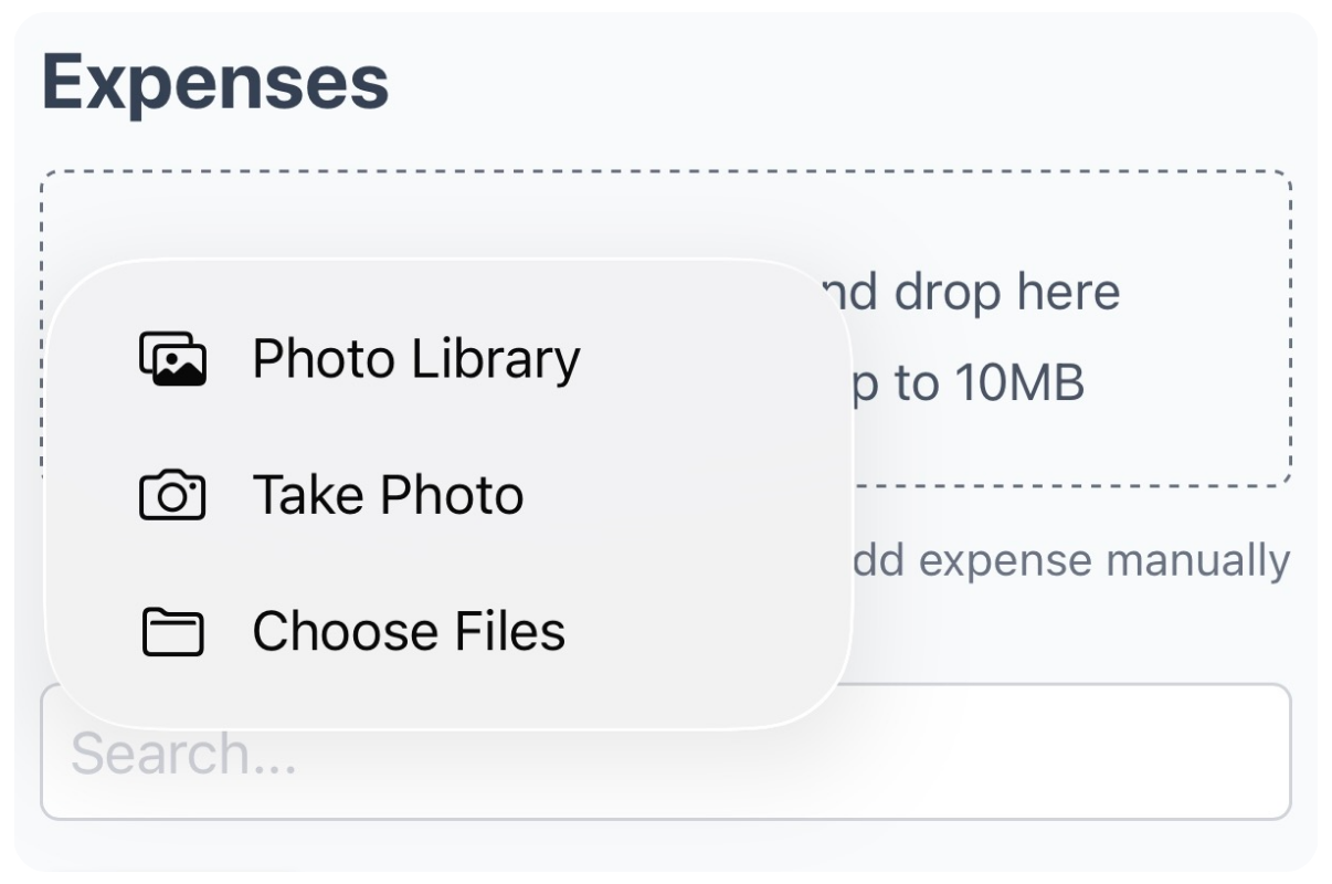 A screenshot showing the expense manager document upload area