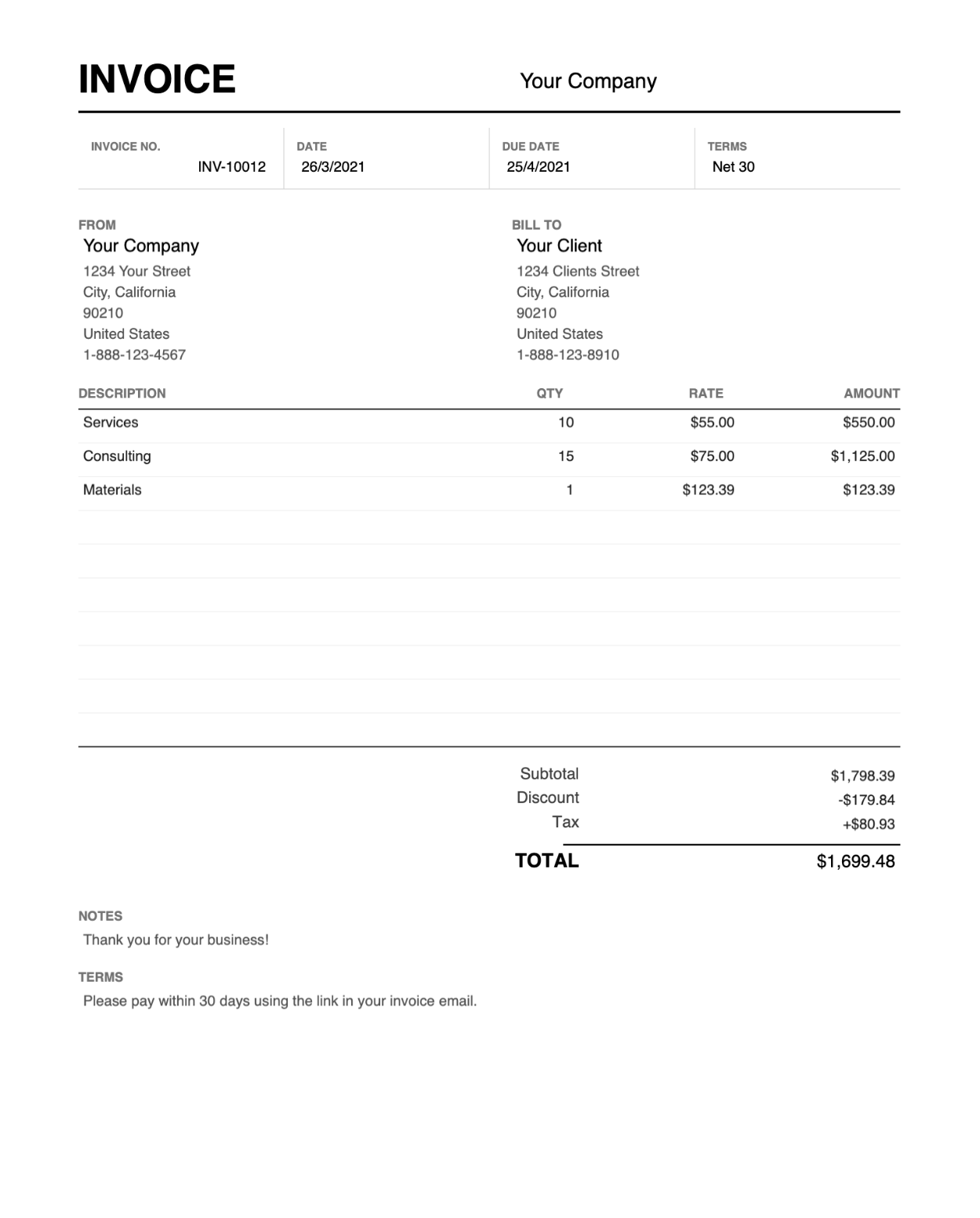 Print friendly grid style PDF invoice template thumbnail