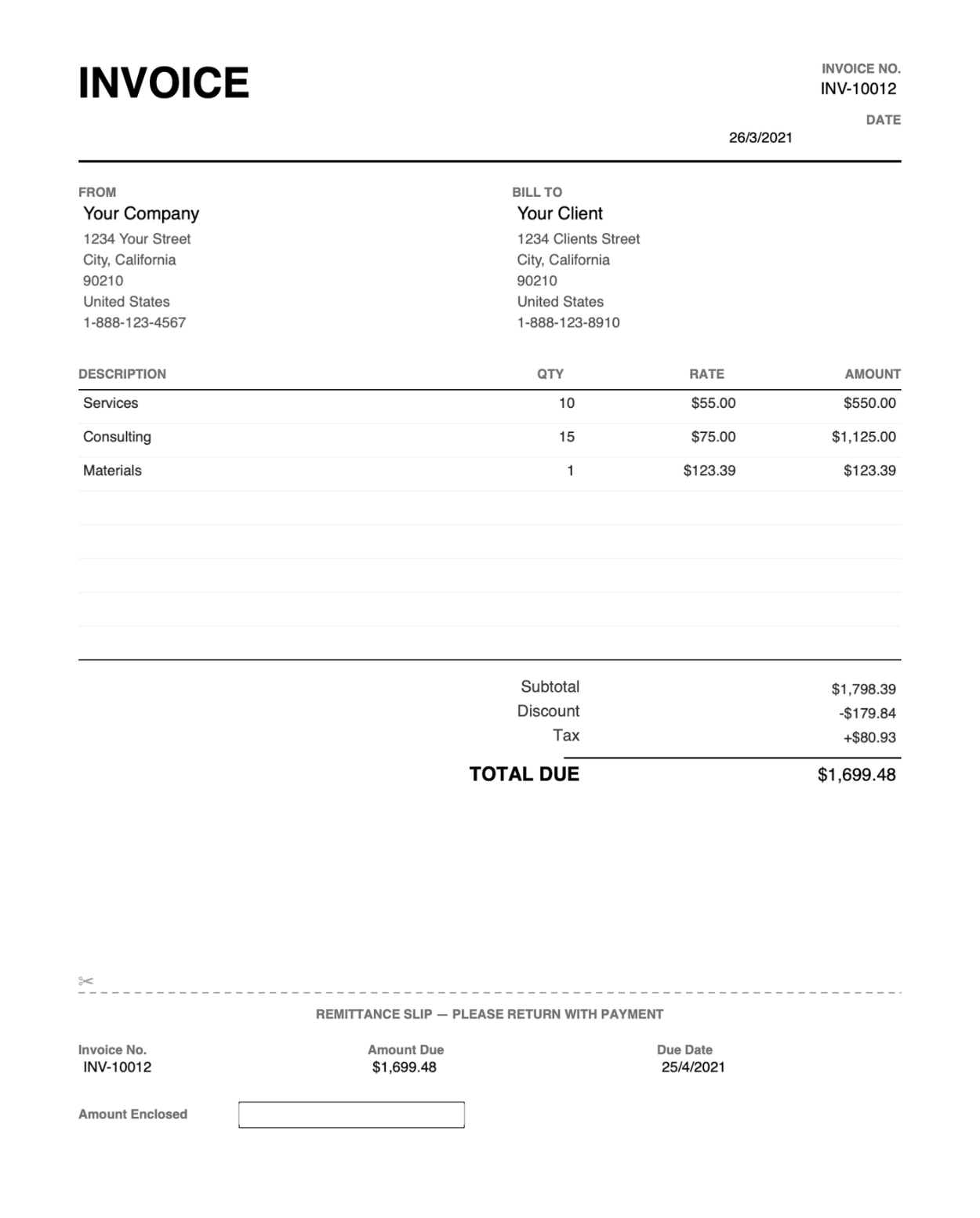 Print friendly PDF invoice template with remittance stub thumbnail