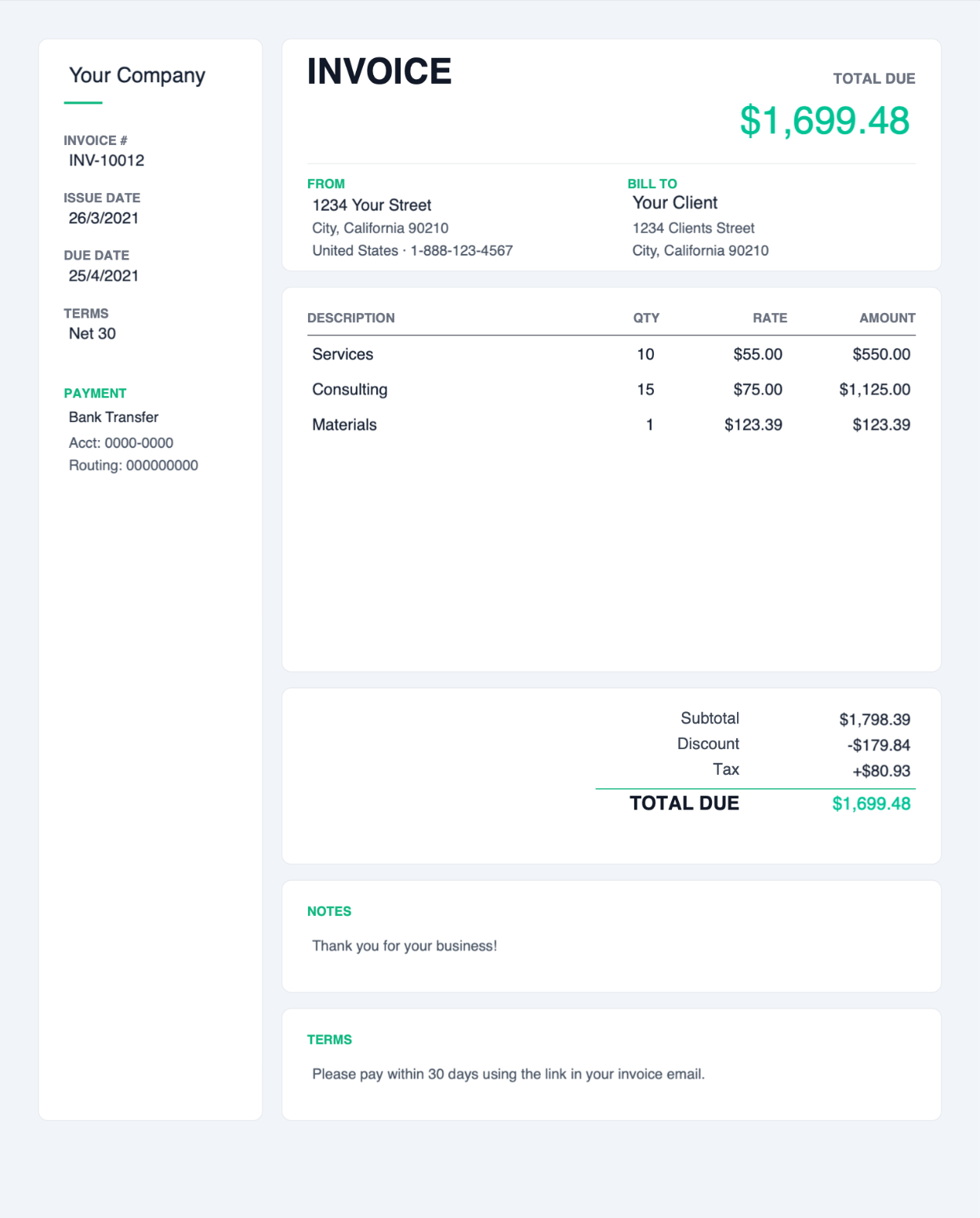 Card style thin left sidebar PDF invoice template thumbnail