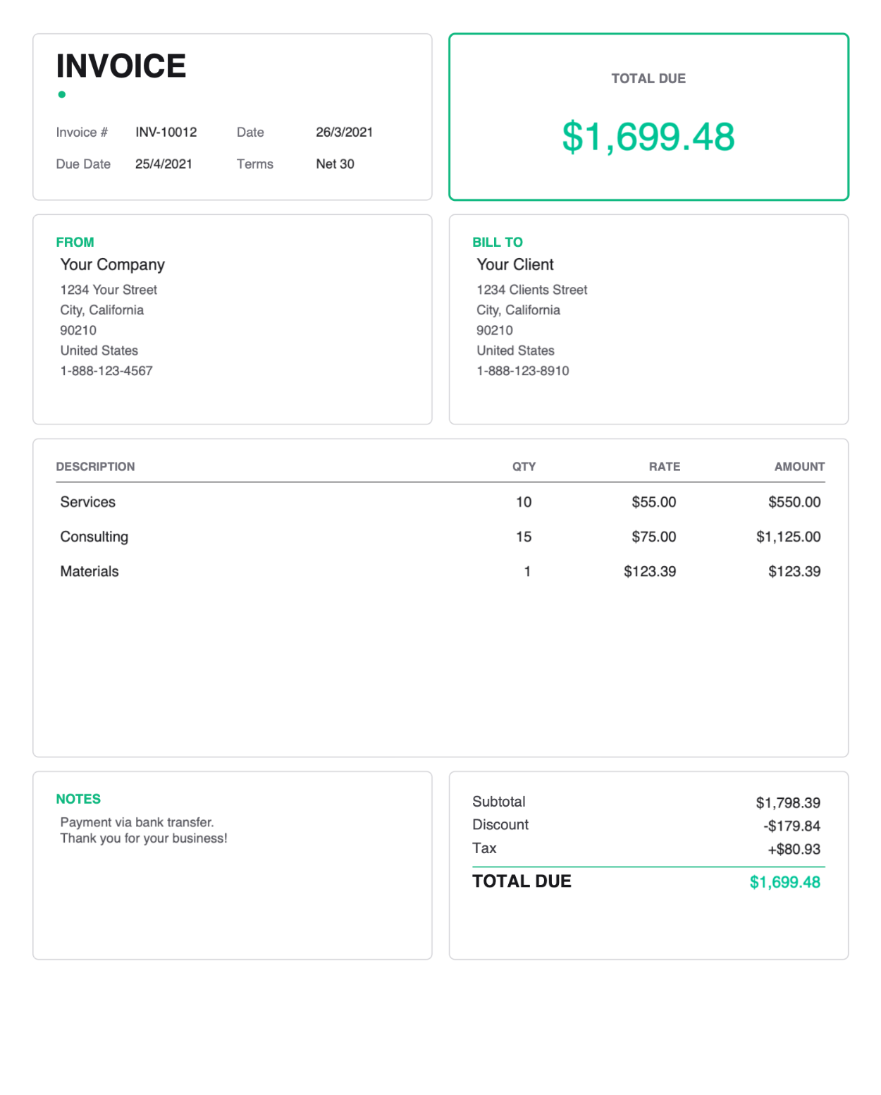 Card style outlined green PDF invoice template thumbnail