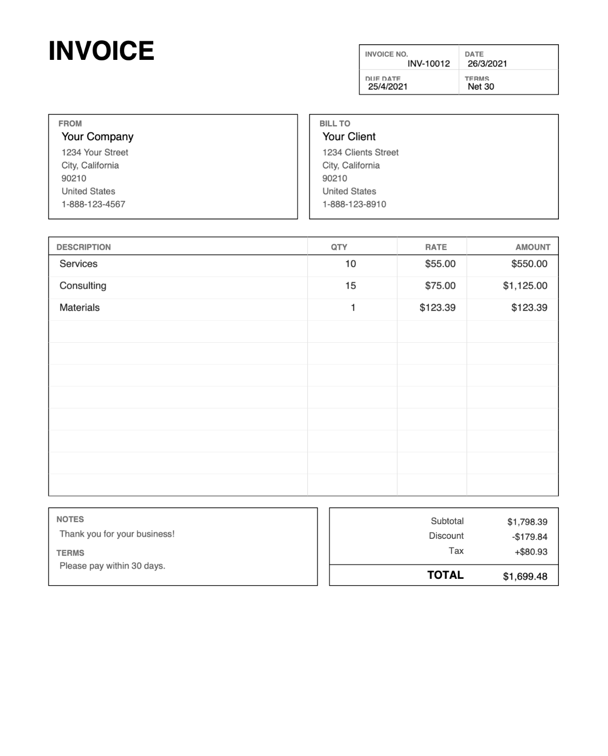 Print friendly boxed PDF invoice template thumbnail