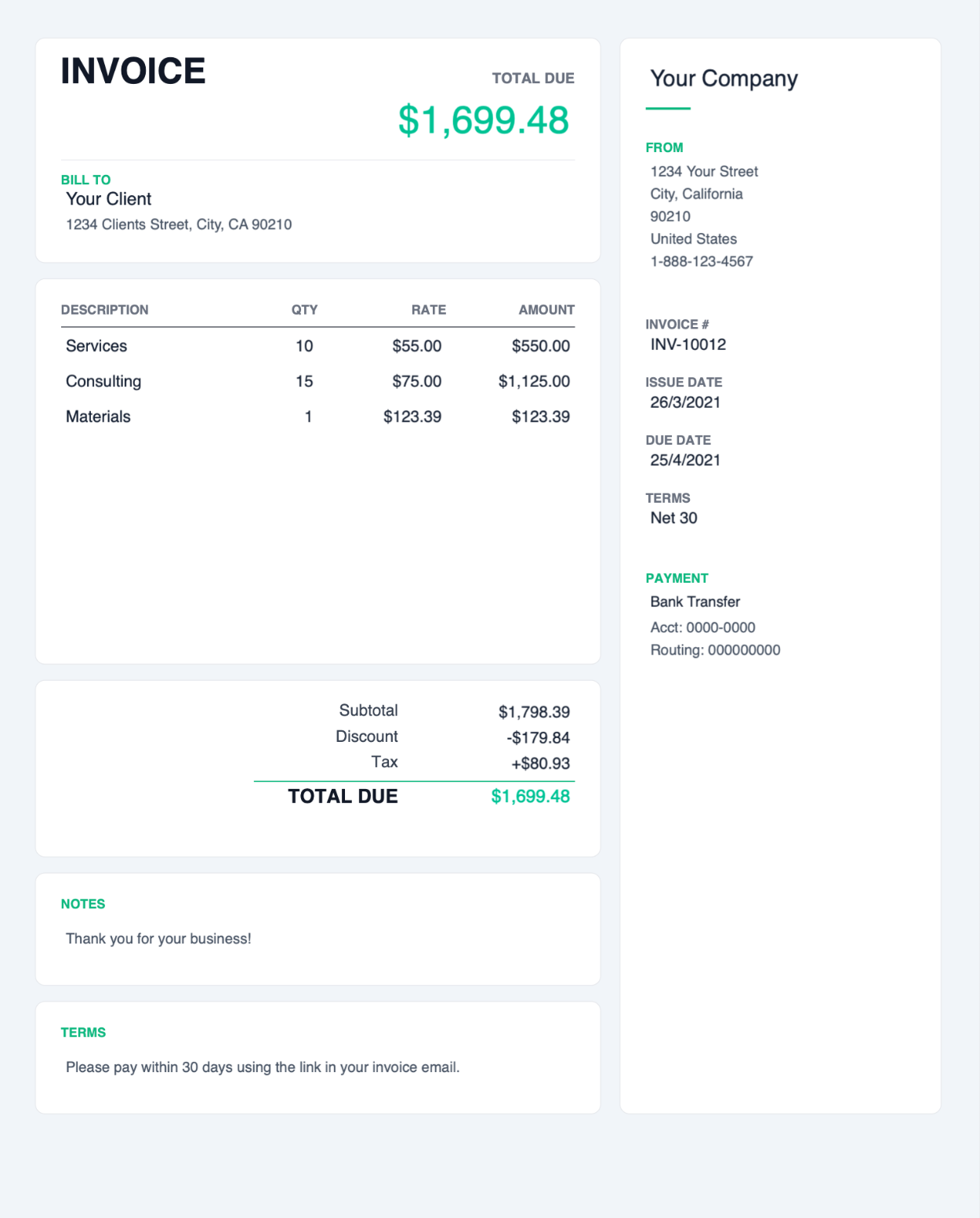 Card style right sidebar PDF invoice template thumbnail