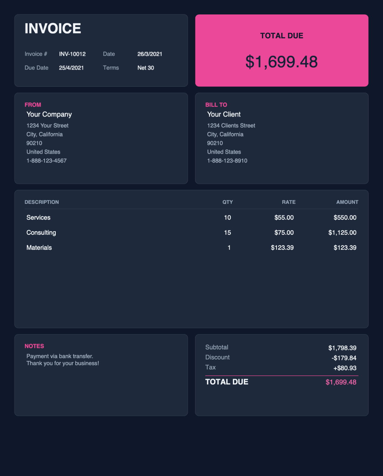 Card style dark corral PDF invoice template thumbnail