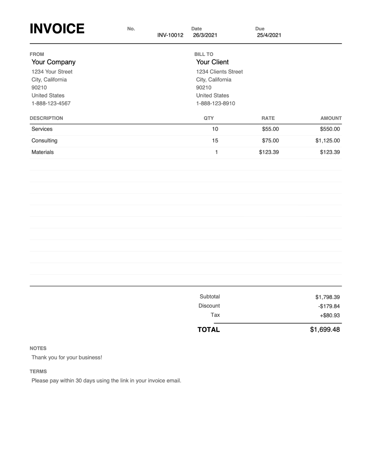 Print friendly compact PDF invoice template thumbnail