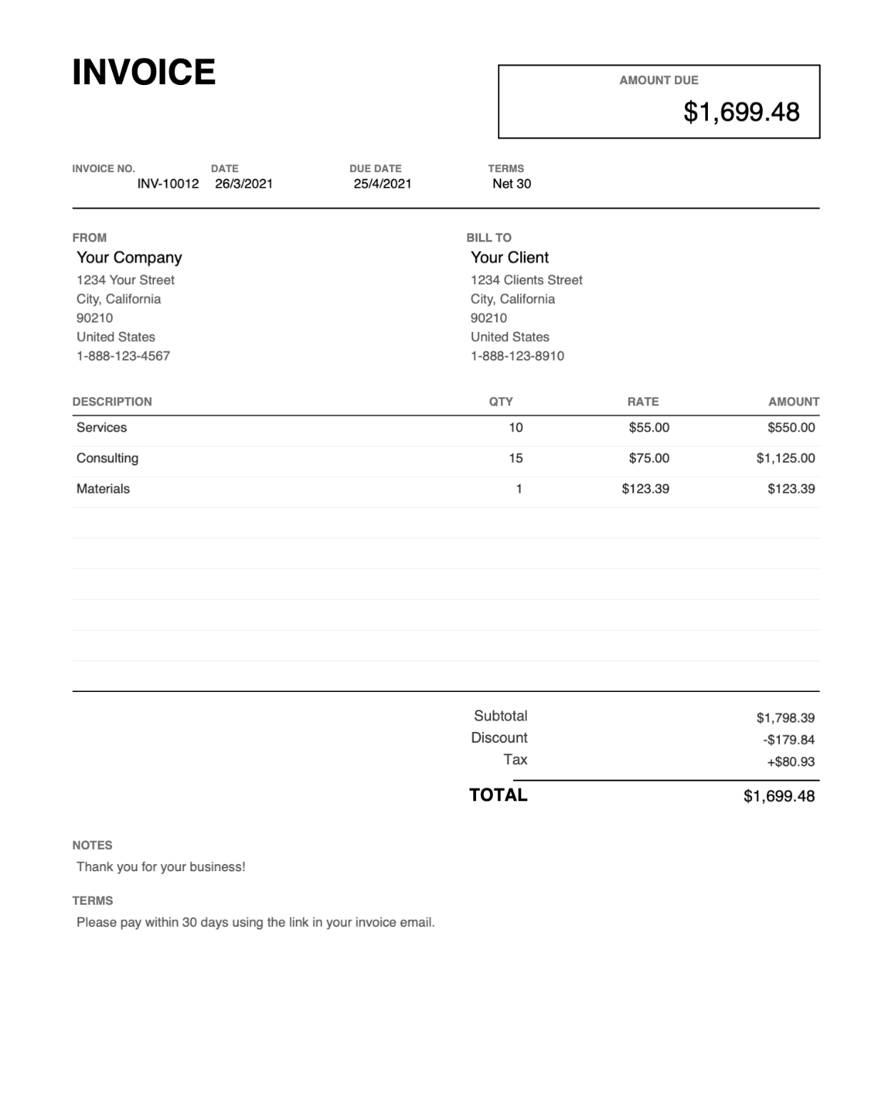 Print friendly amount due header PDF invoice template thumbnail