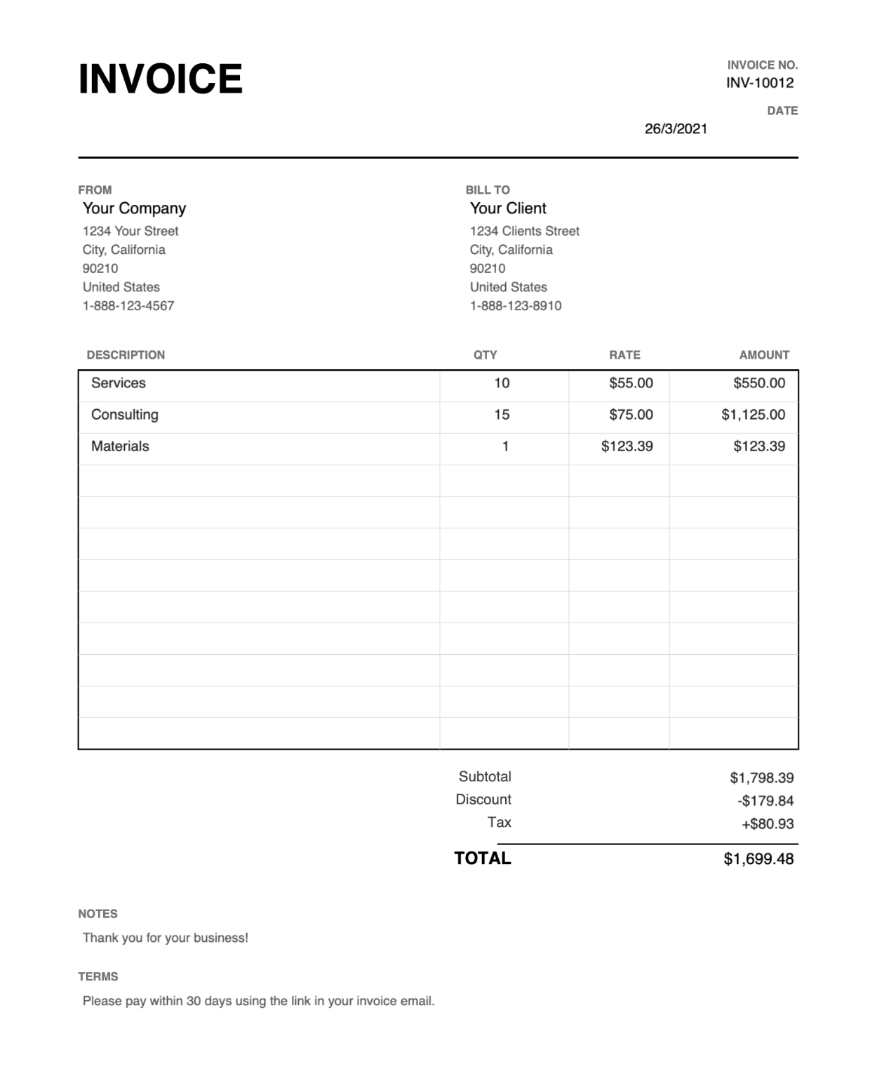 Print friendly ledger PDF invoice template thumbnail