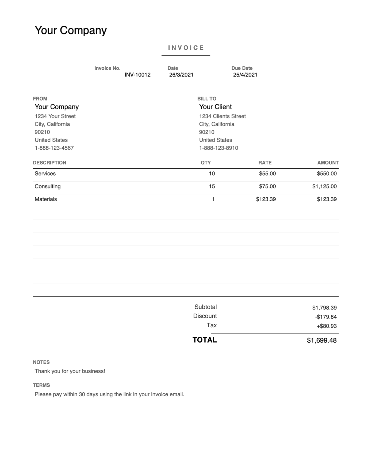 Print friendly centered PDF invoice template thumbnail