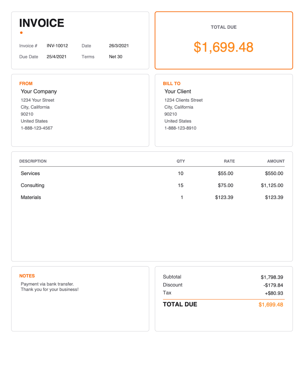Card style outlined orange PDF invoice template thumbnail