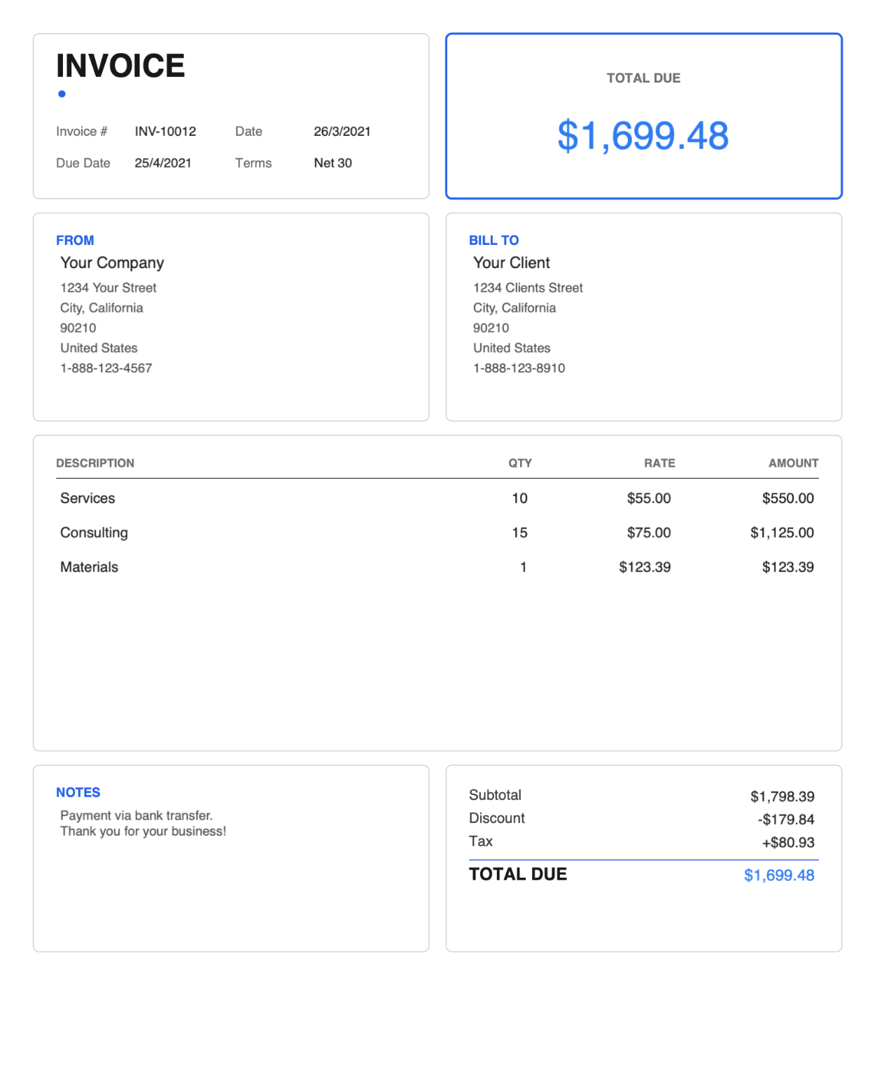 Card style outlined blue PDF invoice template thumbnail