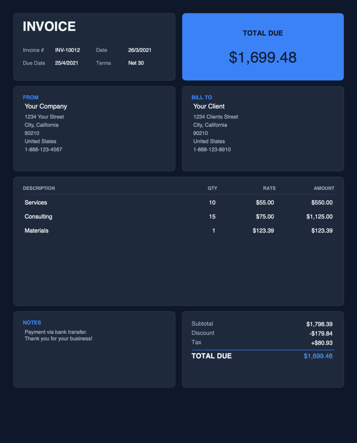 Card style dark blue PDF invoice template thumbnail