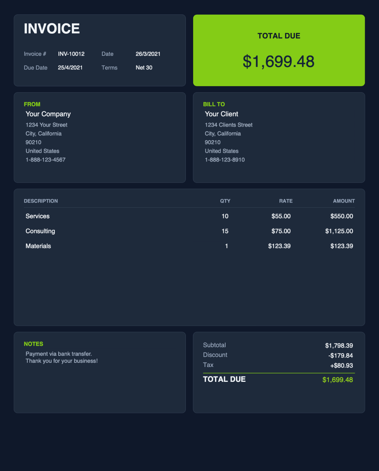 Card style dark green PDF invoice template thumbnail