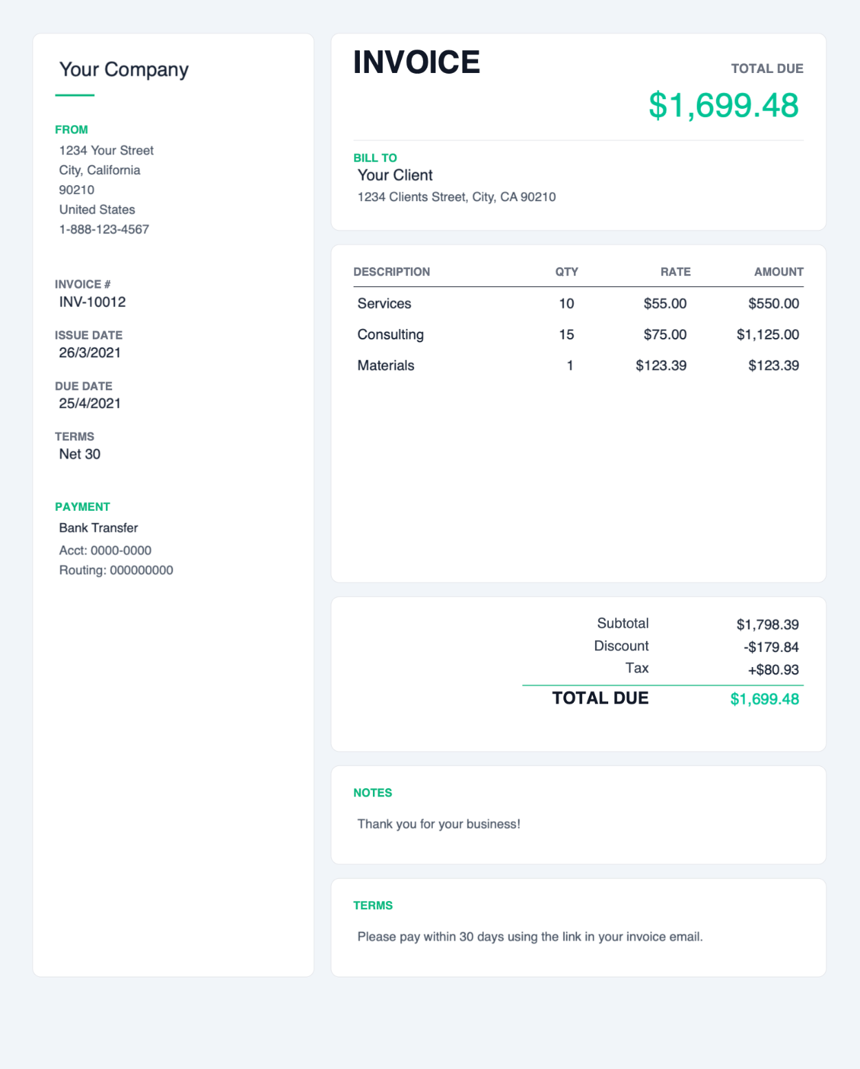 Card style left sidebar PDF invoice template thumbnail