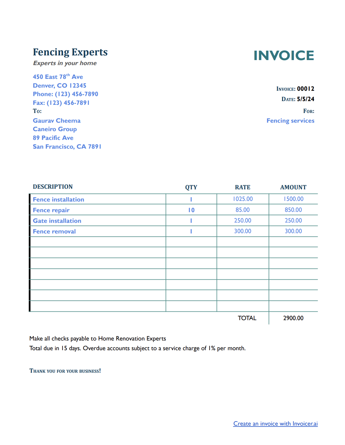 Simple Fencing Invoice Template