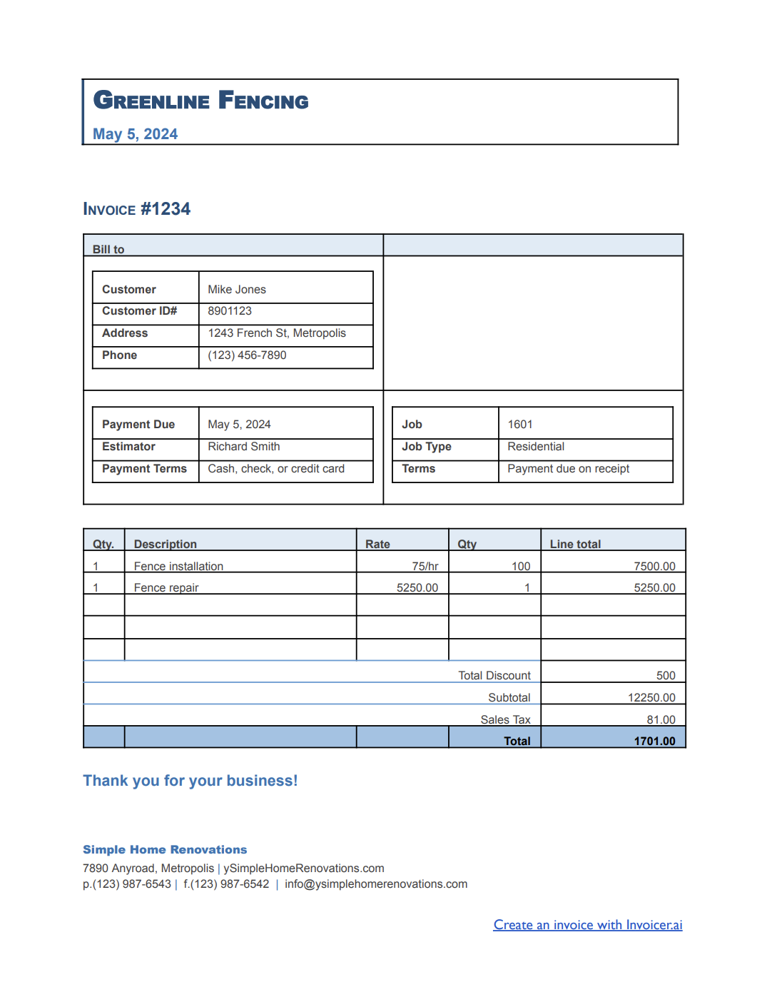 Fencing Sales Invoice Template