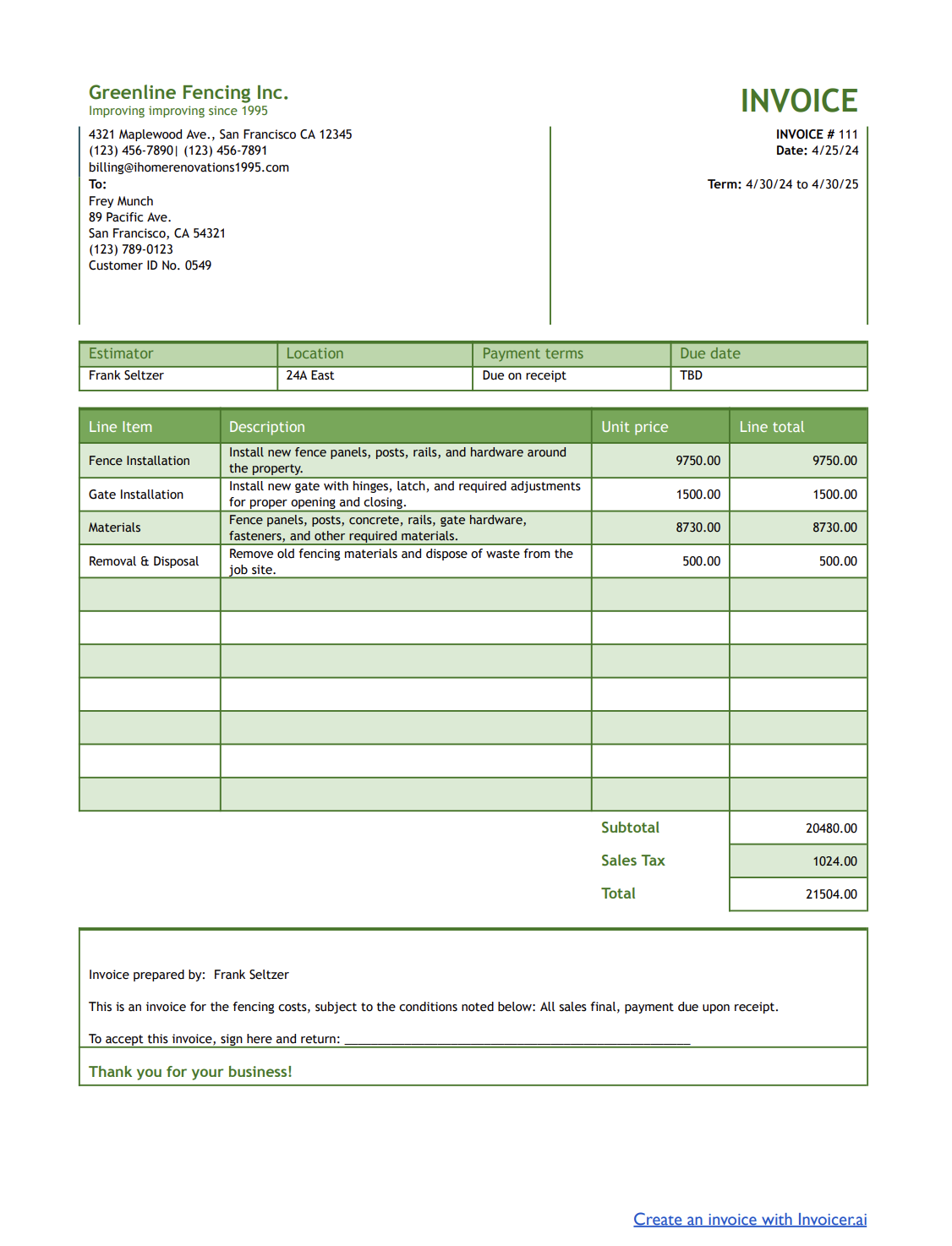 Fencing Invoice Template Green