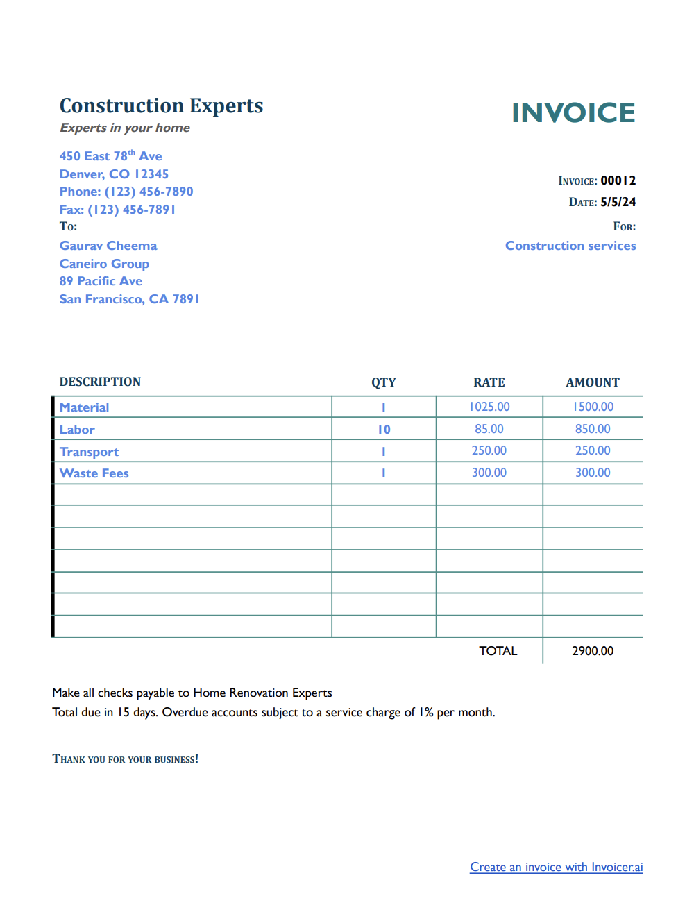 Simple Construction Invoice Template