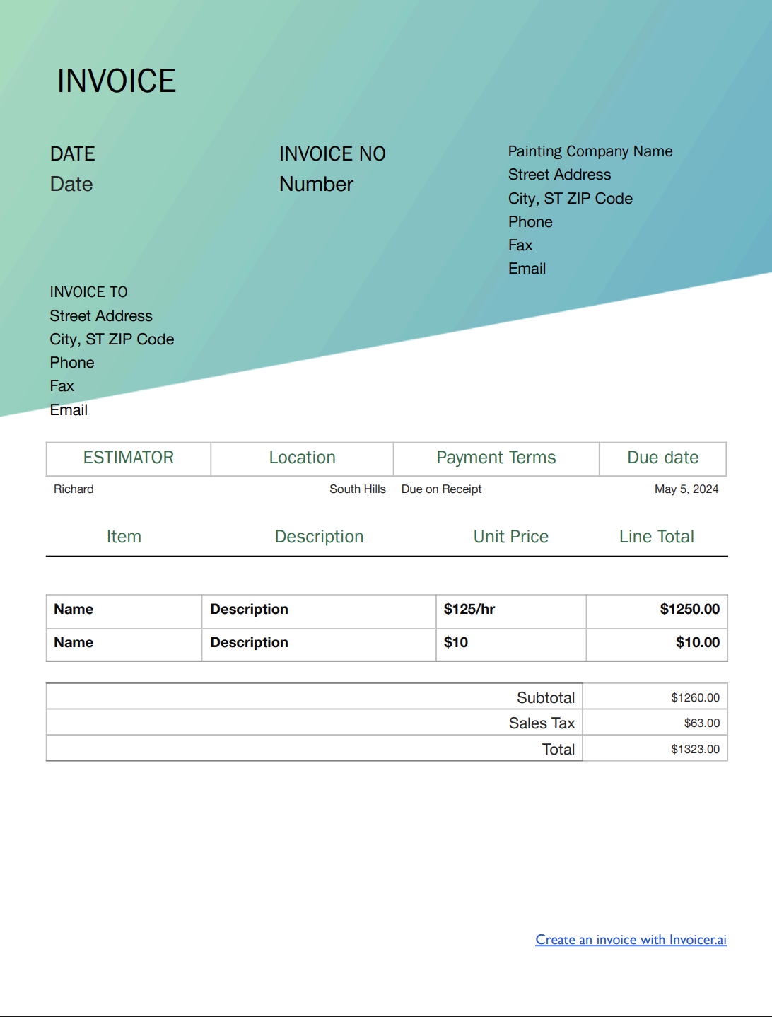 Painting Green Gradient Invoice Template
