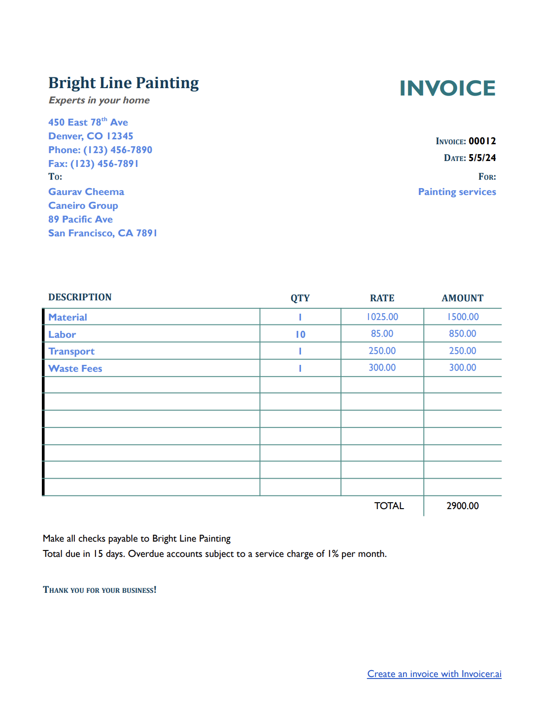 Simple Painting Invoice Template